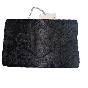 Black Lace slim evening handbag/clutch with‎ removable silver chain link straps